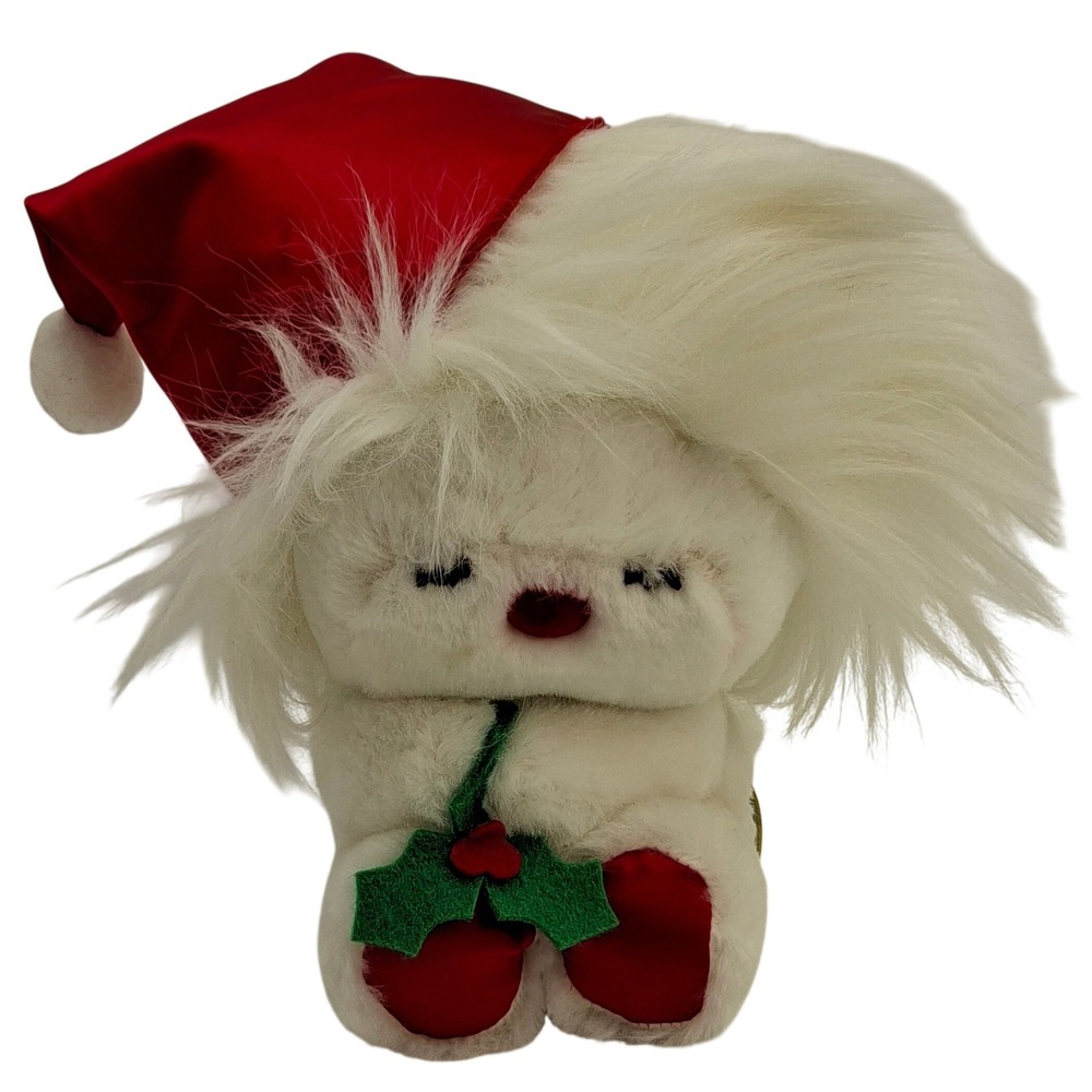 Vtg Dakin Frou Frou Christmas Holiday Edition White Plush Toy Wearing Santa Hat